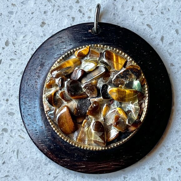 Handcrafted Wooden Pendant With Tigers Eye & Mixed Gemstones - Picture 1 of 7